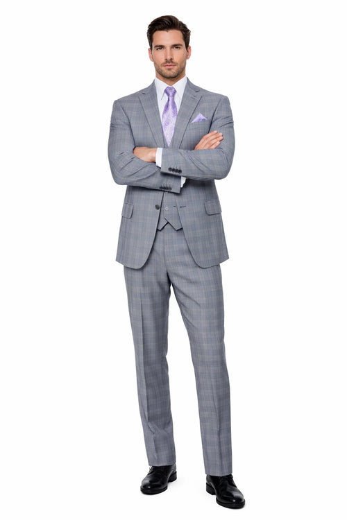 Mens Gray Plaid Suit Modern Fit Plaid Windowpane Suit With Double Breasted Scoop Vest In Grey