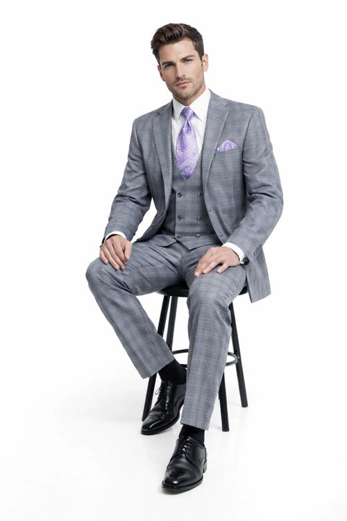 Mens Gray Plaid Suit Modern Fit Plaid Windowpane Suit With Double Breasted Scoop Vest In Grey