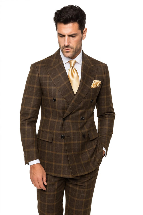 Rossiman Classic Wool Suit – Brown Windowpane Plaid Double-Breasted Formalwear