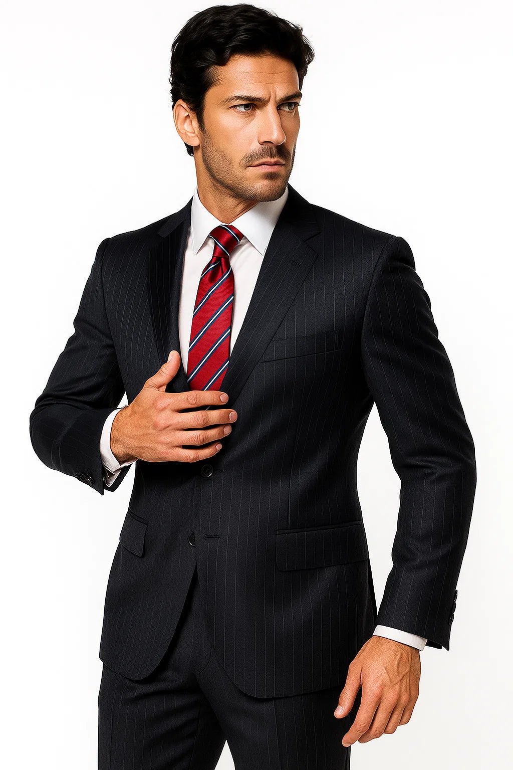 High-Quality Construction 2 Button Dark Navy Blue Suit For Men MiniStripe Ultimate Tayloring&Wool