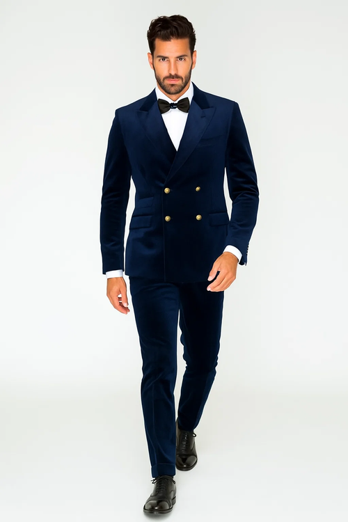 Mens Velvet Suit - Slim Fit Double Breasted Suit - Blazer and Pants R-Blue