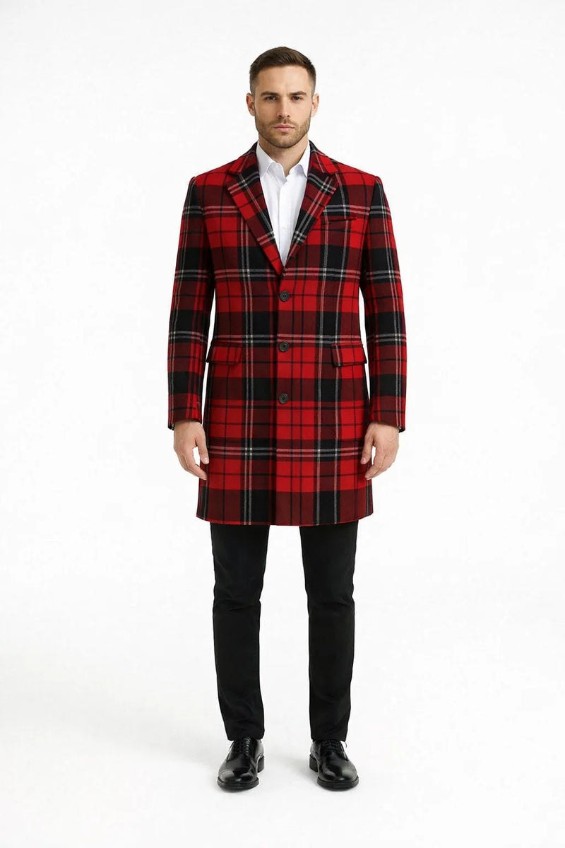 Mens Red and Black Plaid Wool Overcoat with Notch Lapel