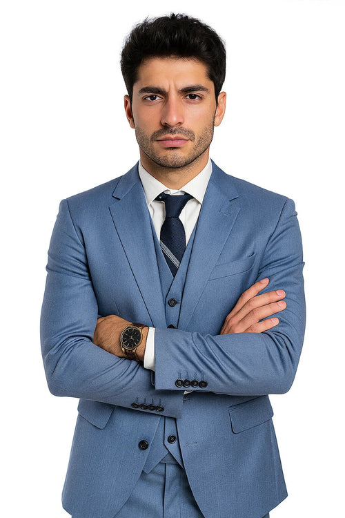 Sharkskin Textured 3-Piece Steel Blue - Dusty Blue Suit