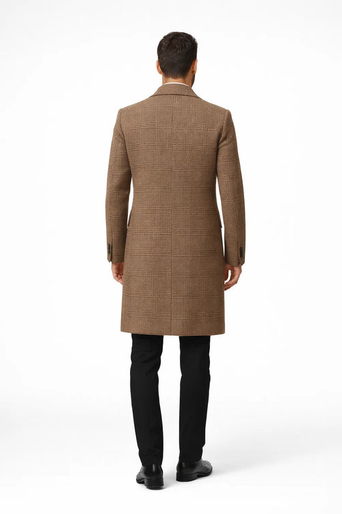 Mens Gray and Light Brown Glen Plaid Wool Overcoat – Double-Breasted Vintage Check OverCoat - Three Quarter Carcoat