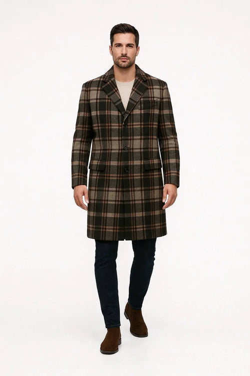 Mens Plaid Wool Overcoat – Khaki and Brown and Cream Check Pattern Winter Coat