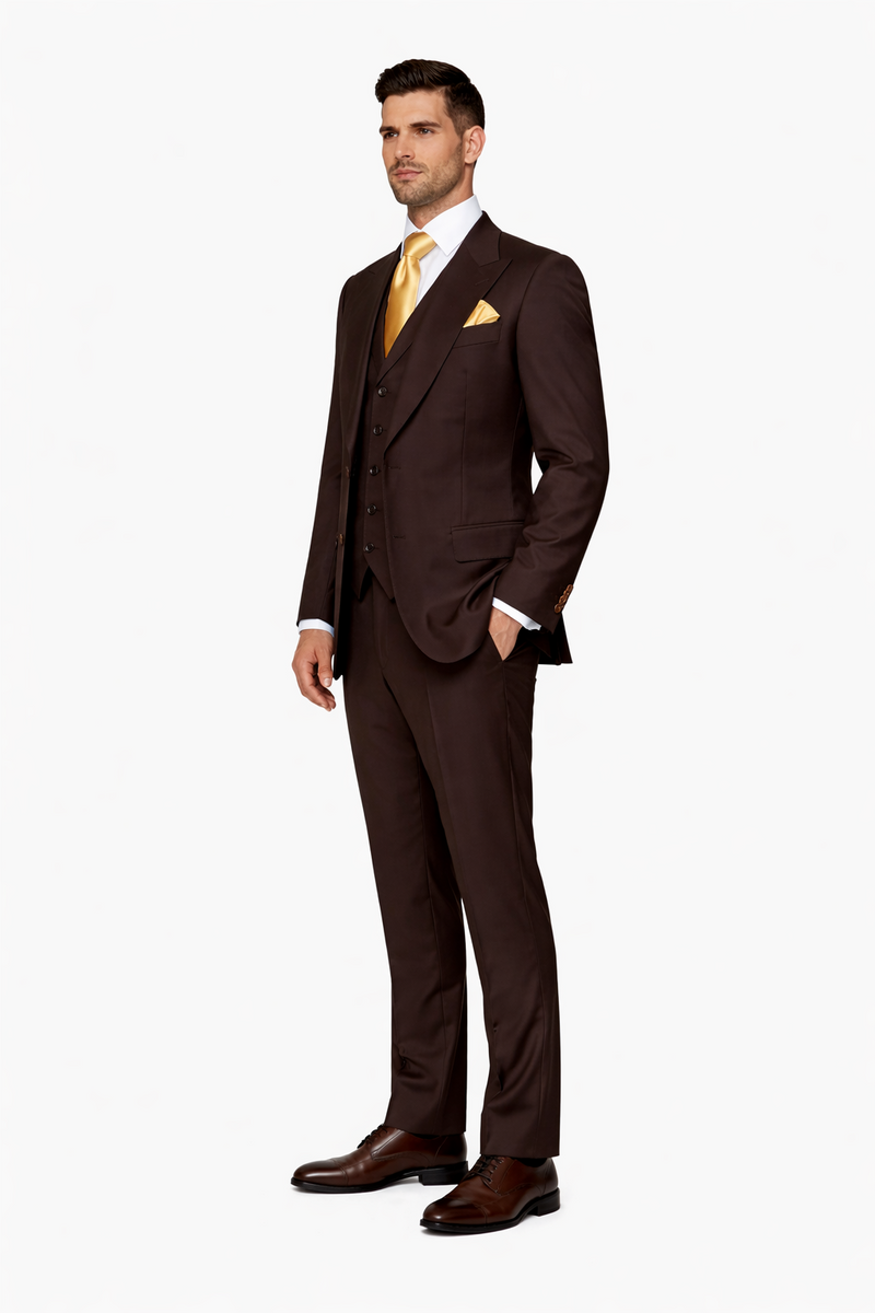 Suits With Baggy Pleated Pants - Wide Leg Pants 100% Wool - Classic Fit in Brown One Button 3 Piece Suit by Rossiman