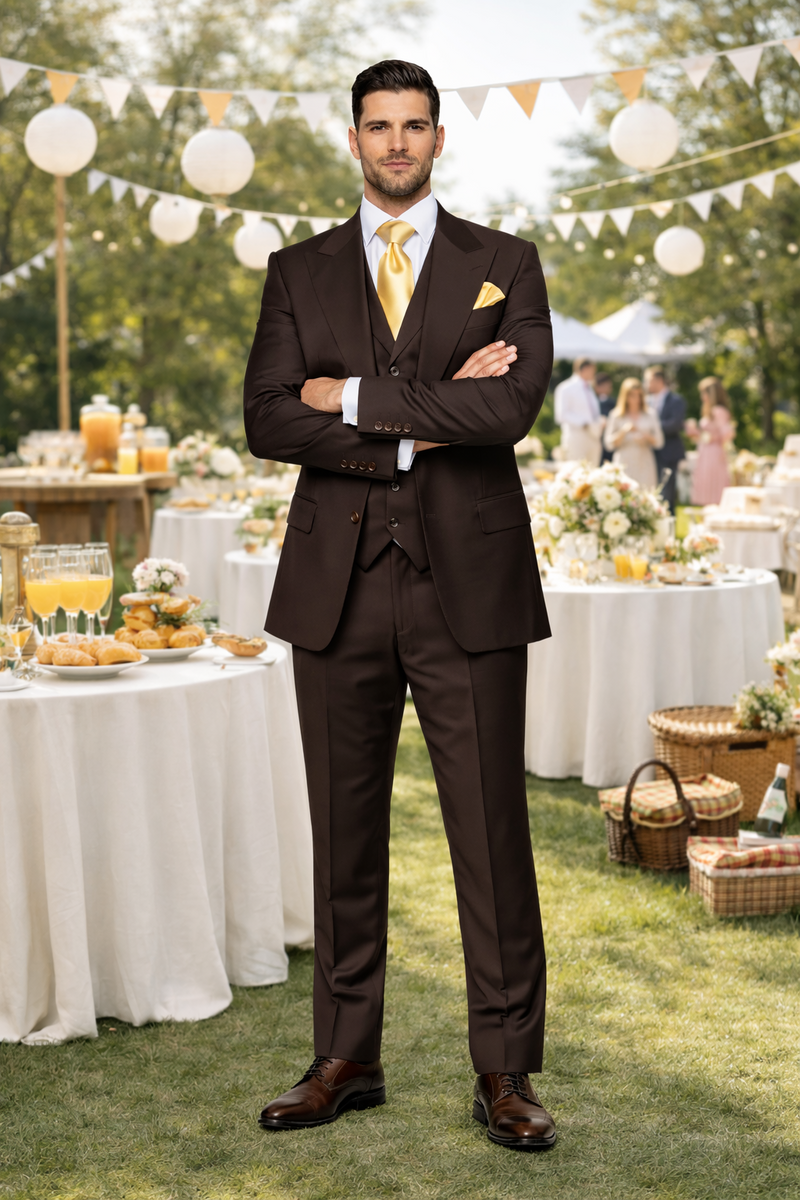 Suits With Baggy Pleated Pants - Wide Leg Pants 100% Wool - Classic Fit in Brown One Button 3 Piece Suit by Rossiman
