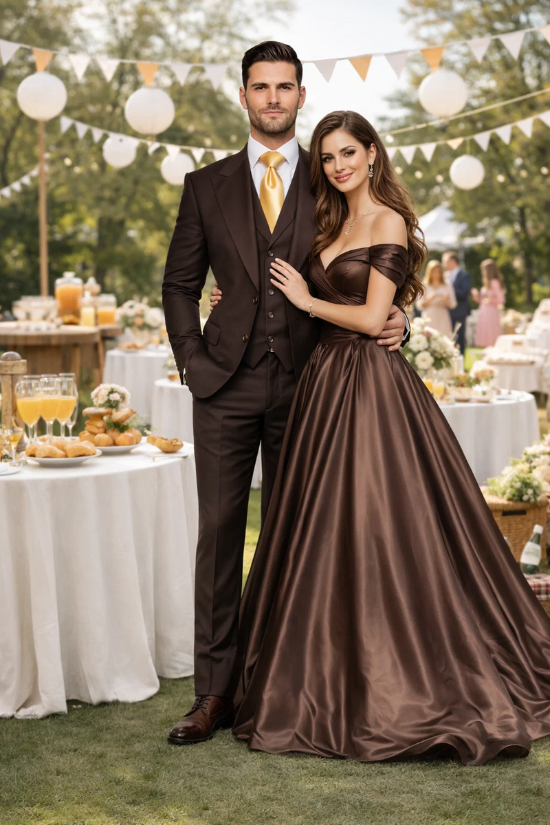 Suits With Baggy Pleated Pants - Wide Leg Pants 100% Wool - Classic Fit in Brown One Button 3 Piece Suit by Rossiman