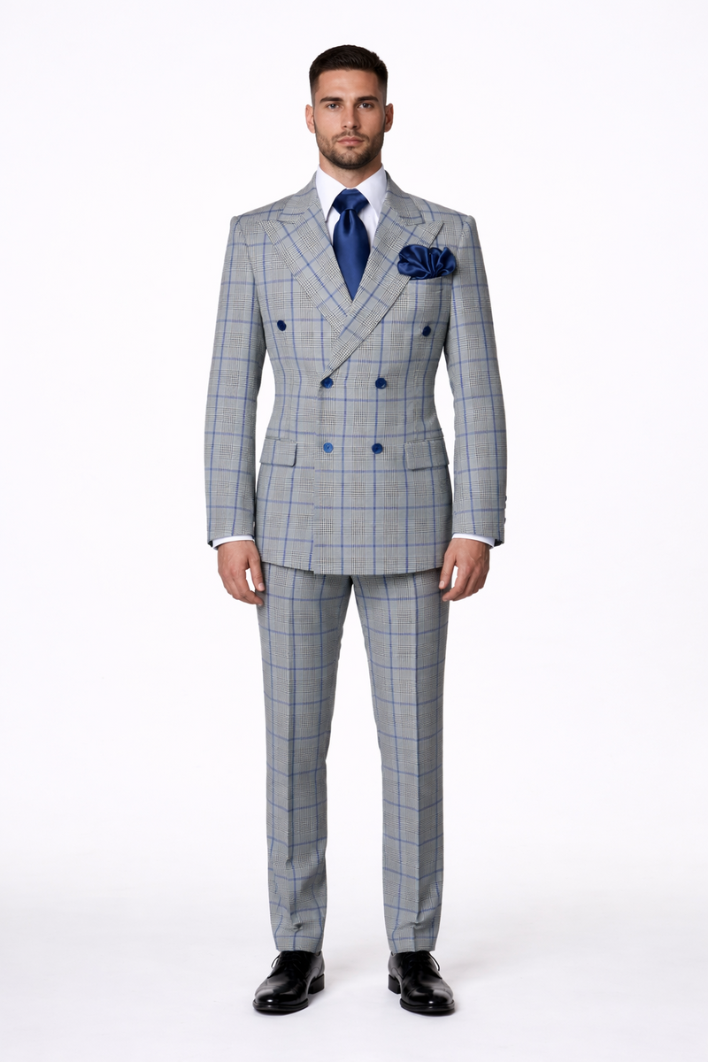 Suits With Baggy Pleated Pants - Wide Leg Pants 100% Wool - Classic Fit in Color Grey with Blue Plaid by Rossiman