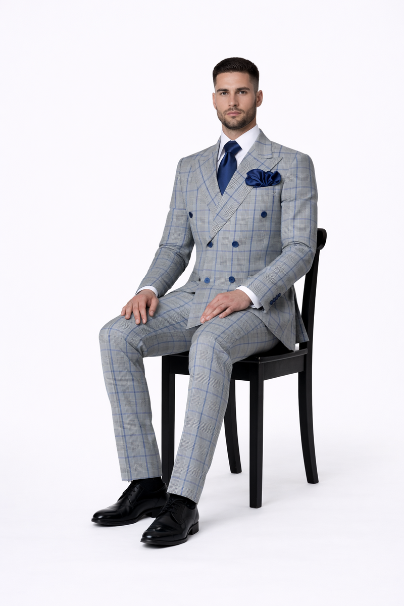 Suits With Baggy Pleated Pants - Wide Leg Pants 100% Wool - Classic Fit in Color Grey with Blue Plaid by Rossiman