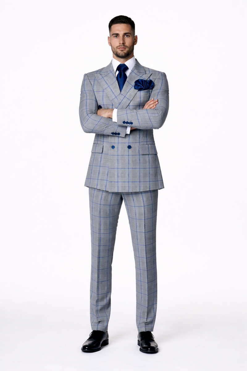 Suits With Baggy Pleated Pants - Wide Leg Pants 100% Wool - Classic Fit in Color Grey with Blue Plaid by Rossiman