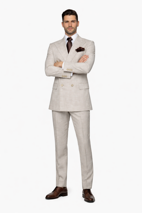 Suits With Baggy Pleated Pants - Wide Leg Pants 100% Wool - Classic Fit in Light Brown Color by Rossiman