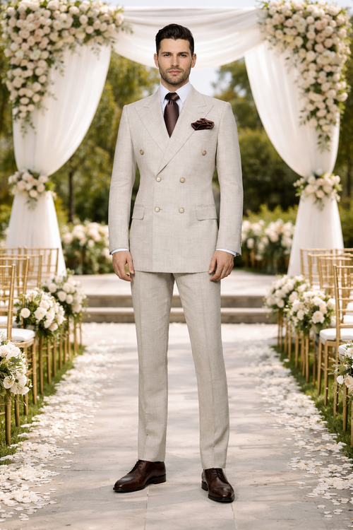 Suits With Baggy Pleated Pants - Wide Leg Pants 100% Wool - Classic Fit in Light Brown Color by Rossiman