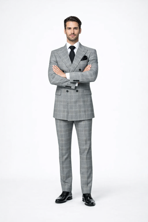 Suits With Baggy Pleated Pants - Wide Leg Pants 100% Wool - Classic Fit in Black and White Plaid Color by Rossiman