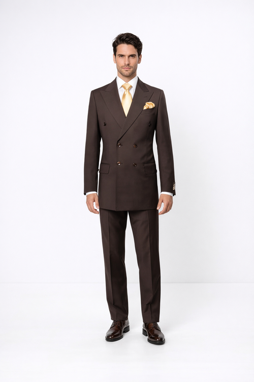Suits With Baggy Pleated Pants - Wide Leg Pants 100% Wool - Classic Fit in Brown Color by Rossiman