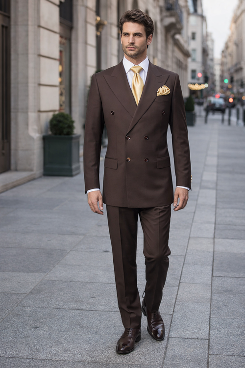 Suits With Baggy Pleated Pants - Wide Leg Pants 100% Wool - Classic Fit in Brown Color by Rossiman