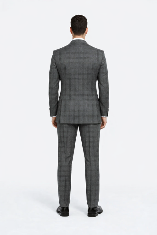 Suits With Baggy Pleated Pants - Wide Leg Pants 100% Wool - Classic Fit in Color Charcoal with Blue Plaid by Rossiman