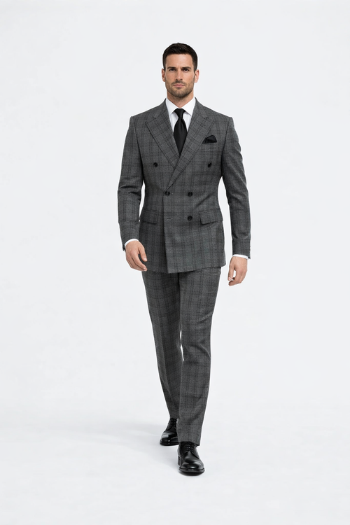 Suits With Baggy Pleated Pants - Wide Leg Pants 100% Wool - Classic Fit in Color Charcoal with Blue Plaid by Rossiman