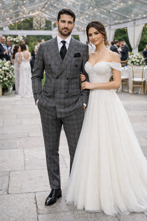 Suits With Baggy Pleated Pants - Wide Leg Pants 100% Wool - Classic Fit in Color Charcoal with Blue Plaid by Rossiman