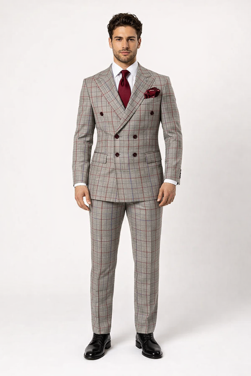 Suits With Baggy Pleated Pants - Wide Leg Pants 100% Wool - Classic Fit in Color Grey with Red Plaid by Rossiman