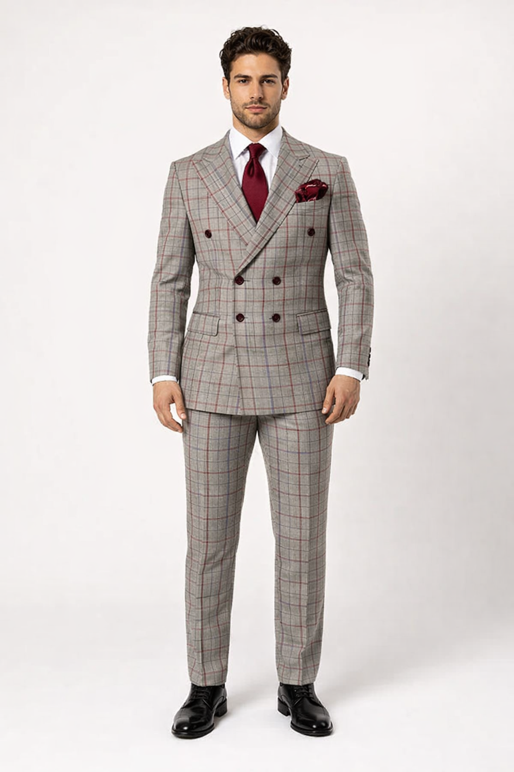 Suits With Baggy Pleated Pants - Wide Leg Pants 100% Wool - Classic Fit in Color Grey with Red Plaid by Rossiman