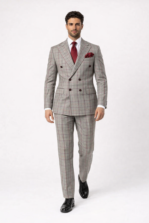 Suits With Baggy Pleated Pants - Wide Leg Pants 100% Wool - Classic Fit in Color Grey with Red Plaid by Rossiman