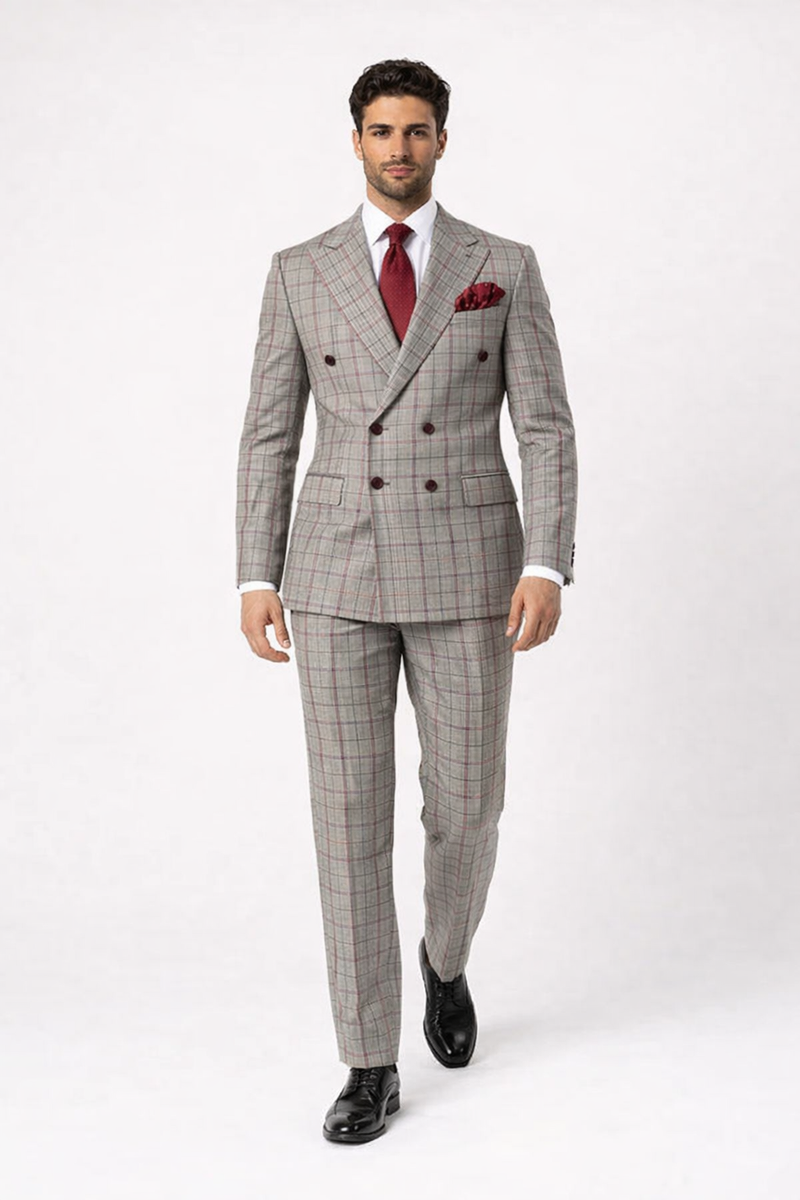 Suits With Baggy Pleated Pants - Wide Leg Pants 100% Wool - Classic Fit in Color Grey with Red Plaid by Rossiman