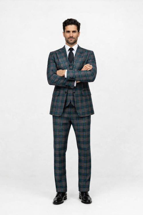 Suits With Baggy Pleated Pants - Wide Leg Pants 100% Wool - Classic Fit in Green Color by Rossiman