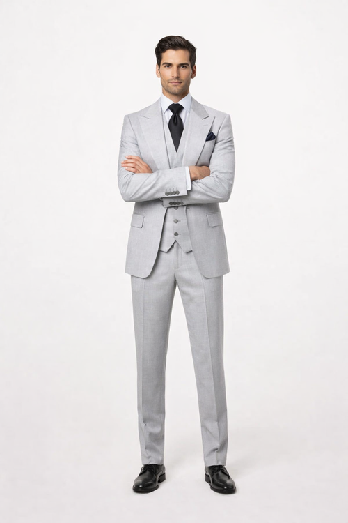 Suits With Baggy Pleated Pants - Wide Leg Pants 100% Wool - Classic Fit in Grey One Button 3 Piece Suit by Rossiman