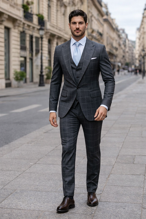 Suits With Baggy Pleated Pants - Wide Leg Pants 100% Wool - Classic Fit in Navy by Rossiman