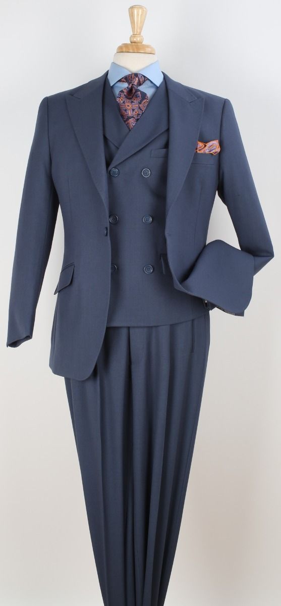 Mens Suit With Pleated Pants - Semi Wide Leg 100% Wool Super 150's Big Peak Lapel Classic Fit Athletic Cut With Double breasted Vest in Dusty Blue