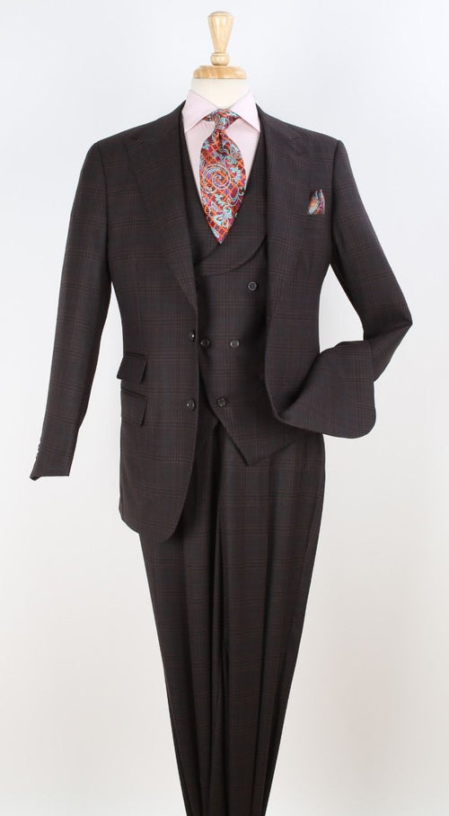 Mens Suit With Pleated Pants - Semi Wide Leg 100% Wool Super 150's Big Peak Lapel Classic Fit Athletic Cut With Double breasted Vest in Brown Windowpane