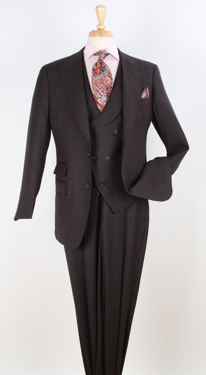 Mens Suit With Pleated Pants - Semi Wide Leg 100% Wool Super 150's Big Peak Lapel Classic Fit Athletic Cut With Double breasted Vest in Brown Windowpane