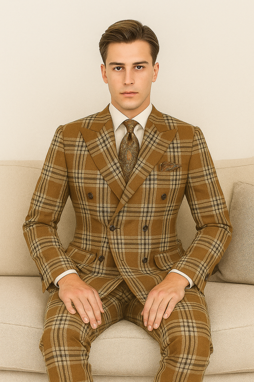 "Men's Double Breasted Wool Suit, Three Quarter Length, Tan & Brown Windowpane Plaid"