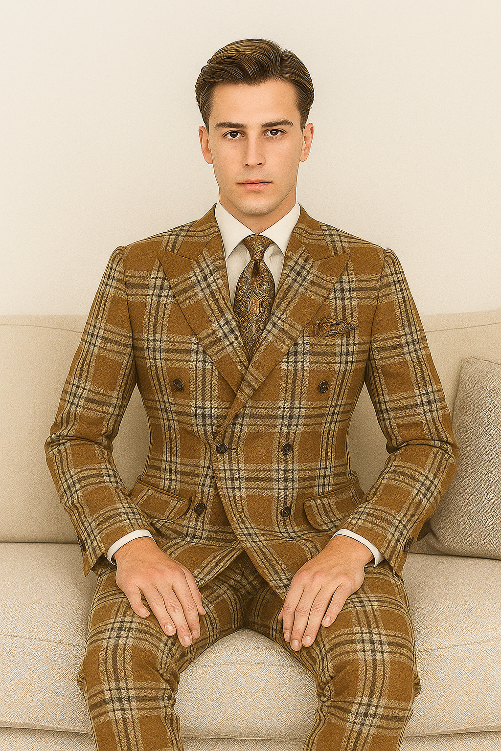 "Men's Double Breasted Wool Suit, Three Quarter Length, Tan & Brown Windowpane Plaid"