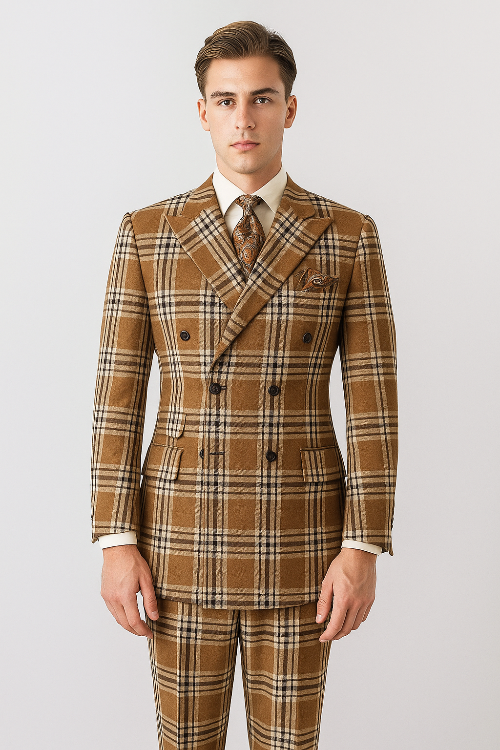 "Men's Double Breasted Wool Suit, Three Quarter Length, Tan & Brown Windowpane Plaid"