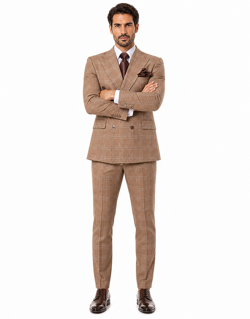 Tan Windowpane Plaid Suit Rossiman Double-Breasted Mens Two-Piece in Camel