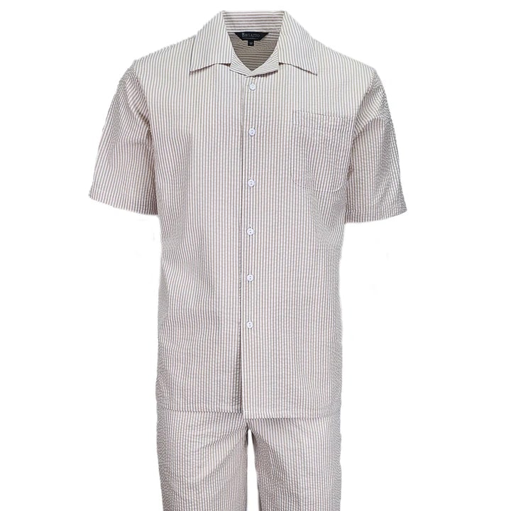 Alberto Nardoni tan seersucker 2pc set: short-sleeved button-up shirt with chest pocket & straight-leg pants. Textured, tan & white striped fabric. Relaxed fit.