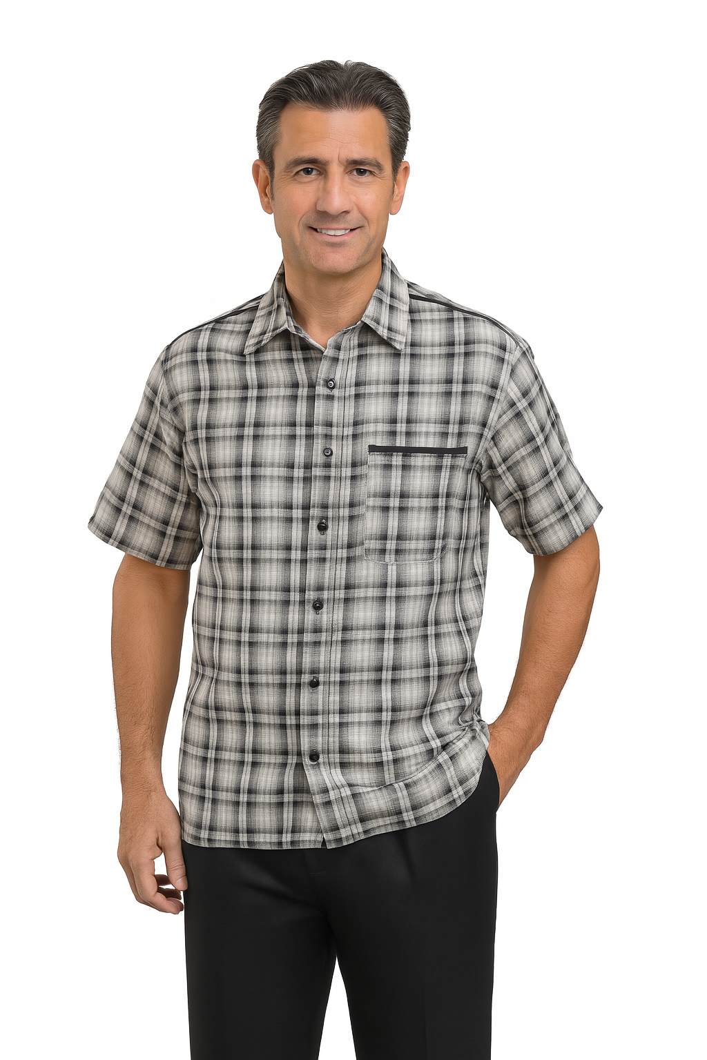 Mens Textured Plaid Walking Suit in black/white by Dreams by Zacchi – 2 Piece Leisure Outfit with matching shirt and pant --$99