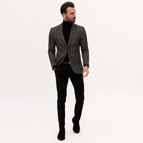 Grey Suit Jacket Black Pants - Satin Peak Lapel - Two Button Closure Suit