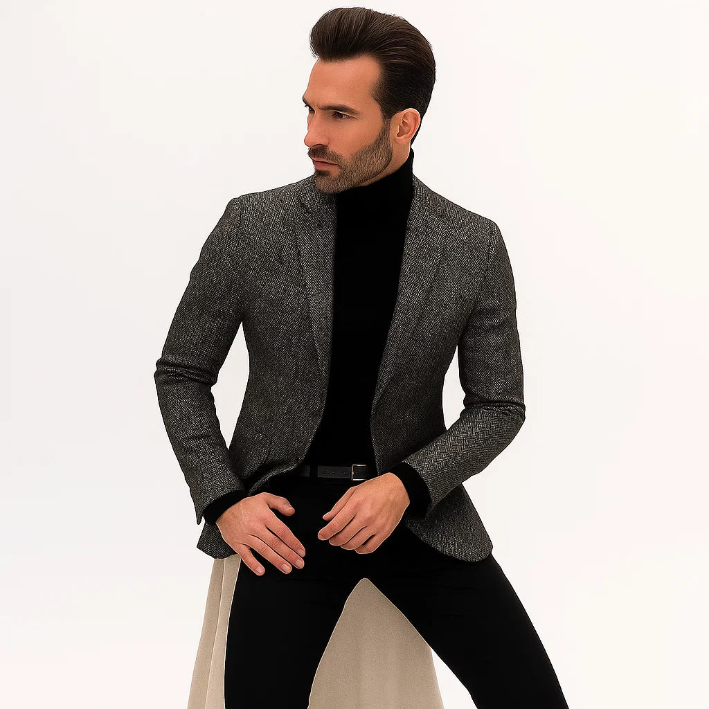 Grey Suit Jacket Black Pants - Satin Peak Lapel - Two Button Closure Suit