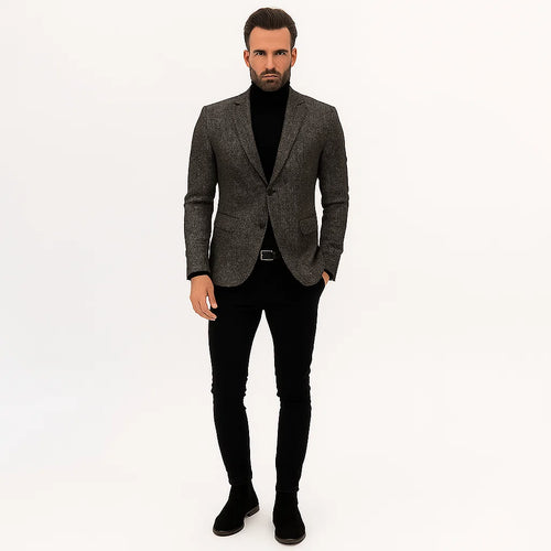 Grey Suit Jacket Black Pants - Satin Peak Lapel - Two Button Closure Suit