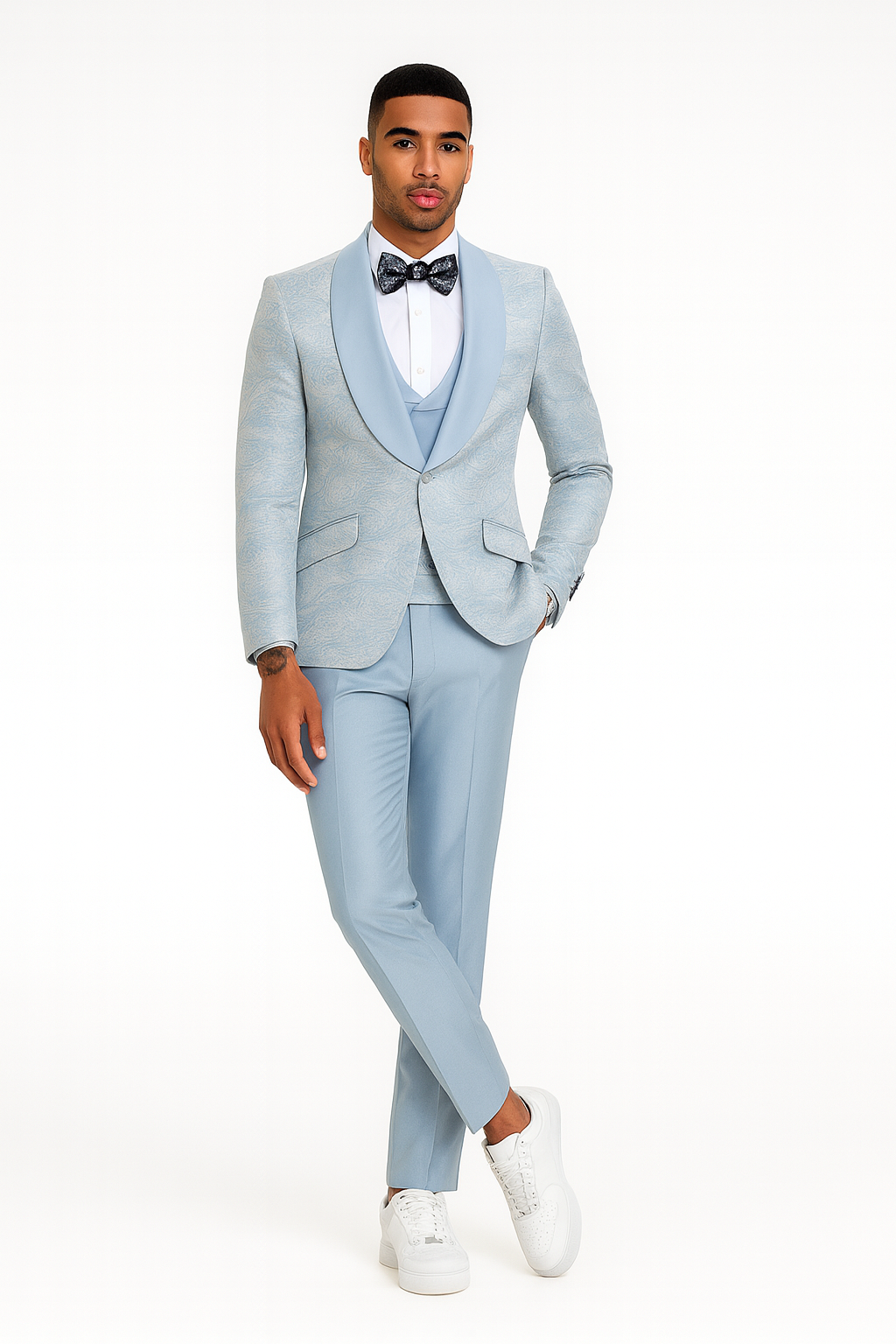 2025 Prom Special Blue Tuxedo Suit w/ Double-Breasted Vest by Tazzio