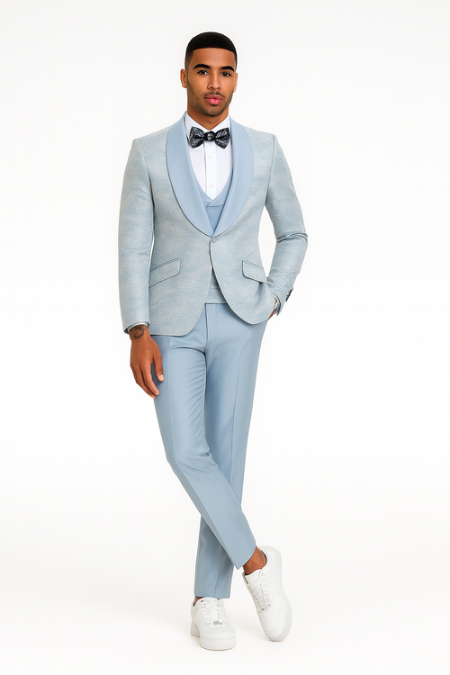 2025 Prom Special Blue Tuxedo Suit w/ Double-Breasted Vest by Tazzio