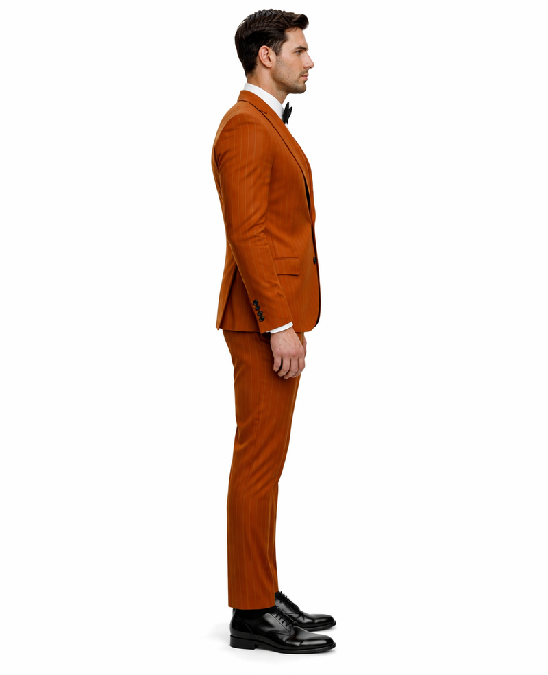 Tazzio Mens Terracotta Orange Pinstripe Skinny Fit Suit Modern Stylish Outfit
