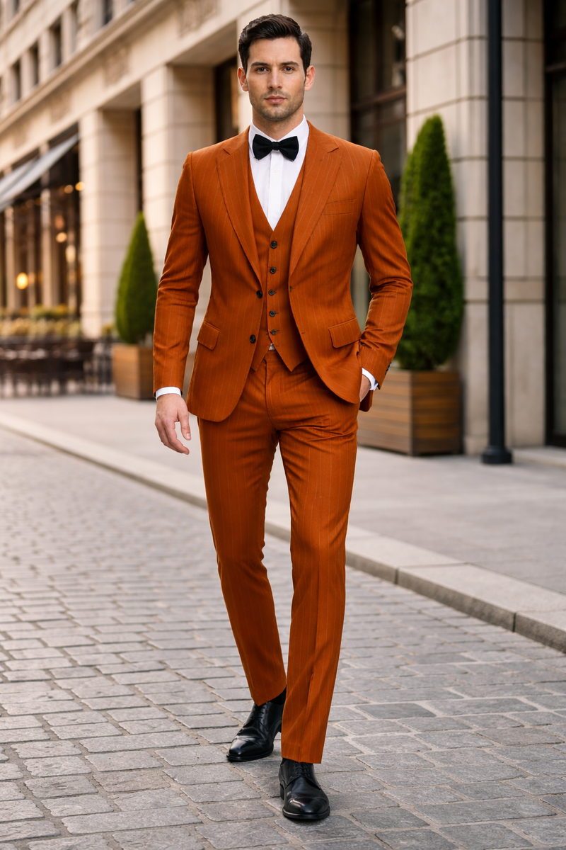 Tazzio Mens Terracotta Orange Pinstripe Skinny Fit Suit Modern Stylish Outfit