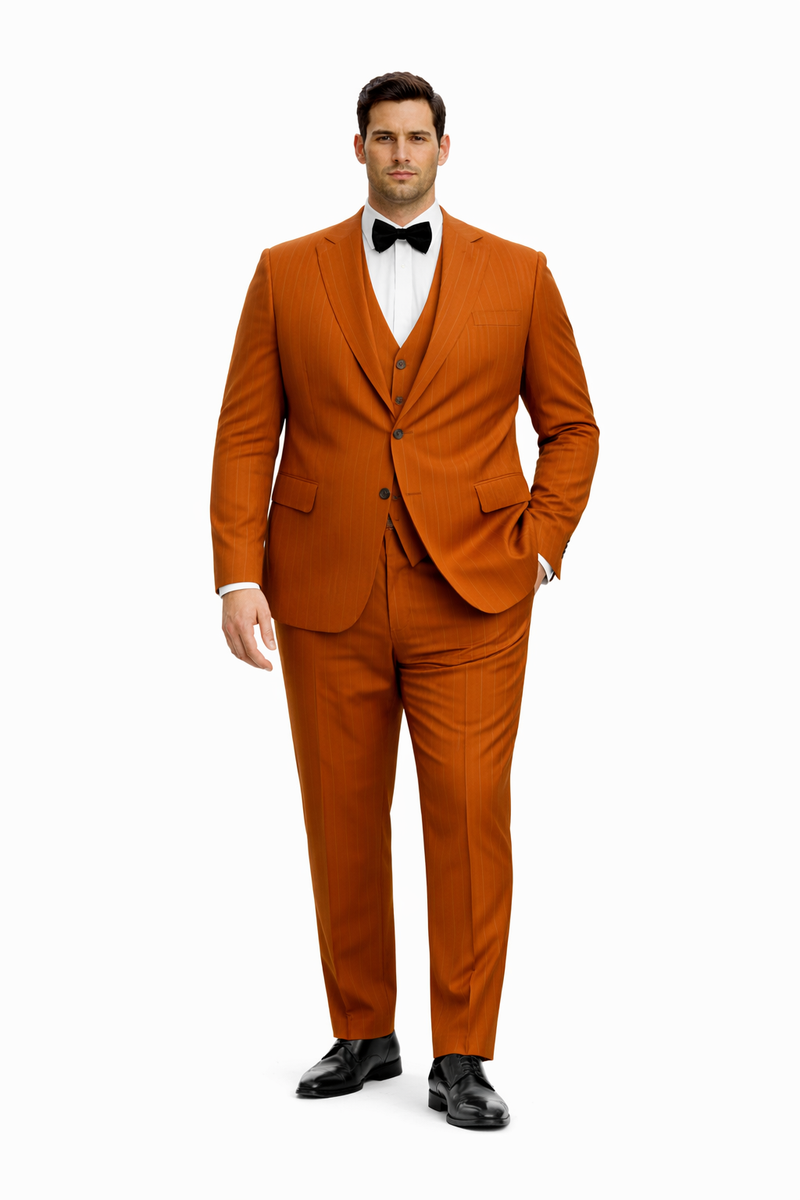 Tazzio Mens Terracotta Orange Pinstripe Skinny Fit Suit Modern Stylish Outfit