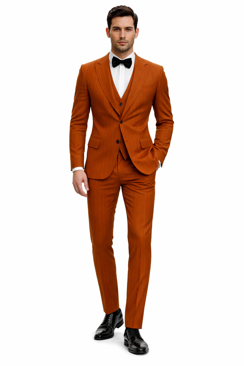 Tazzio Mens Terracotta Orange Pinstripe Skinny Fit Suit Modern Stylish Outfit
