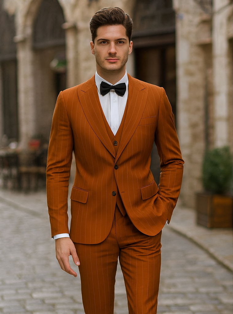 Tazzio men's terracotta orange pinstripe skinny fit suit: single-breasted jacket, notch lapels, matching trousers. Fitted silhouette. Subtle vertical pinstripes. Features two front pockets, single button. White shirt, black bow tie.