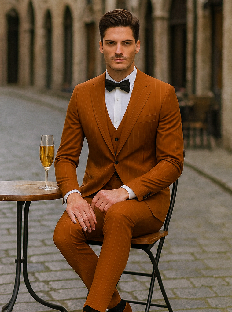 Tazzio Men’s Terracotta Orange Pinstripe Skinny Fit Suit – Modern Stylish Outfit